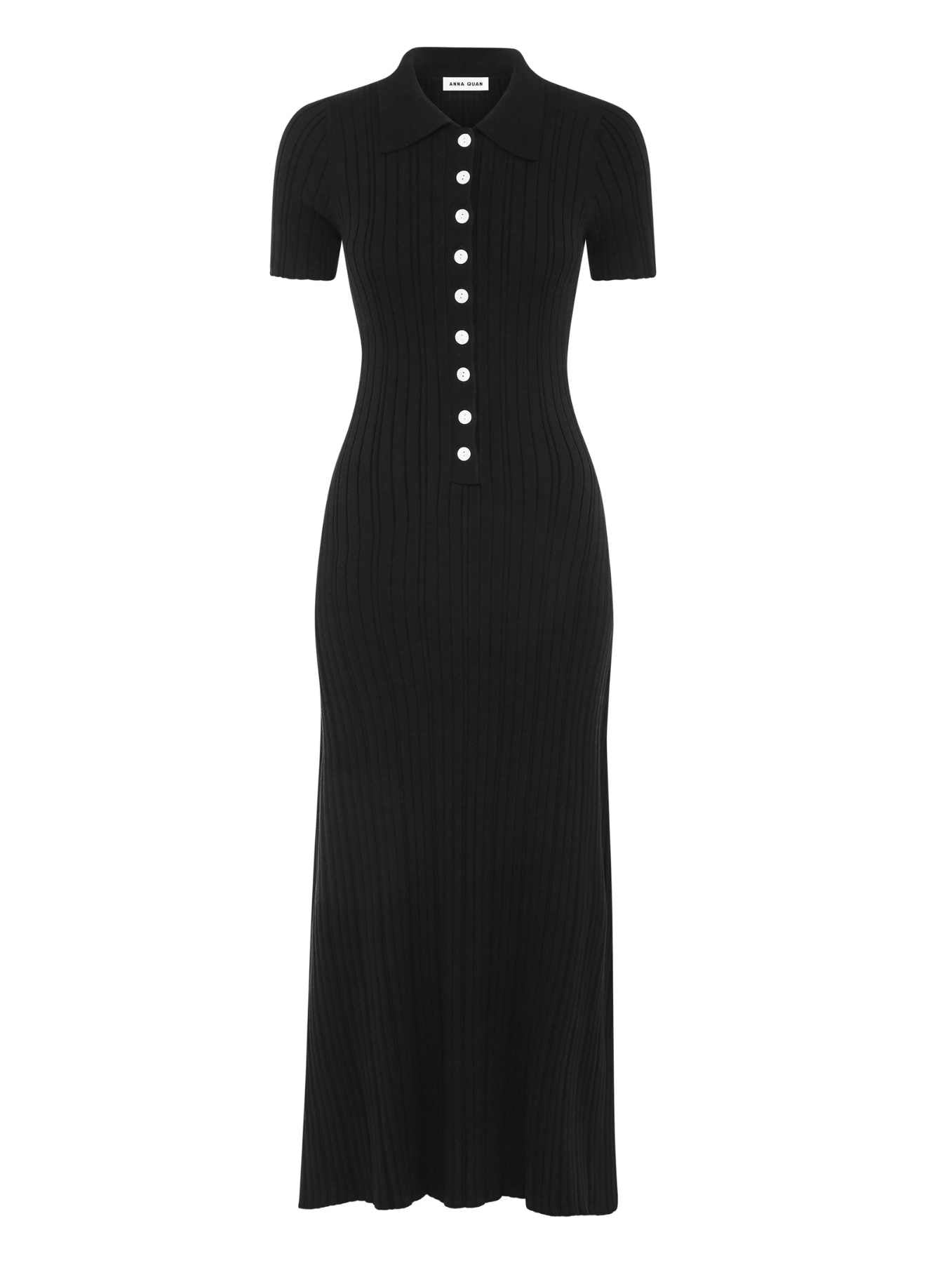 Rib knit cotton maxi dress with polo neckline and contrast buttons