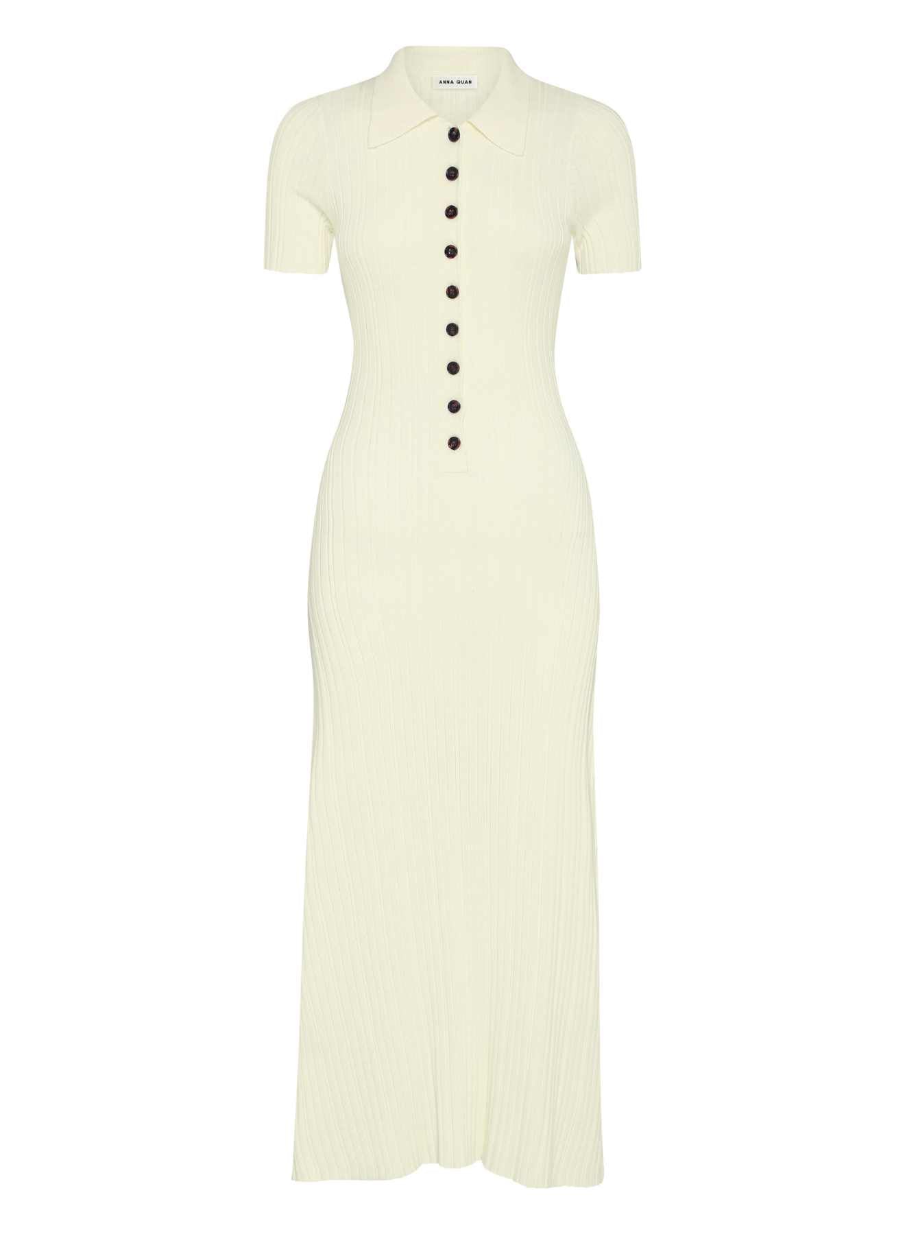 Rib knit cotton maxi dress with polo neckline and contrast buttonsANNA QUAN's best-selling Rib Knit Cotton Maxi Dress, showcasing a stylish polo neckline, contrasting buttons, short sleeves, a-line skirt and hem skimming the ankle. Everyday dress, day dress, work dress, casual dress, lunch dress.