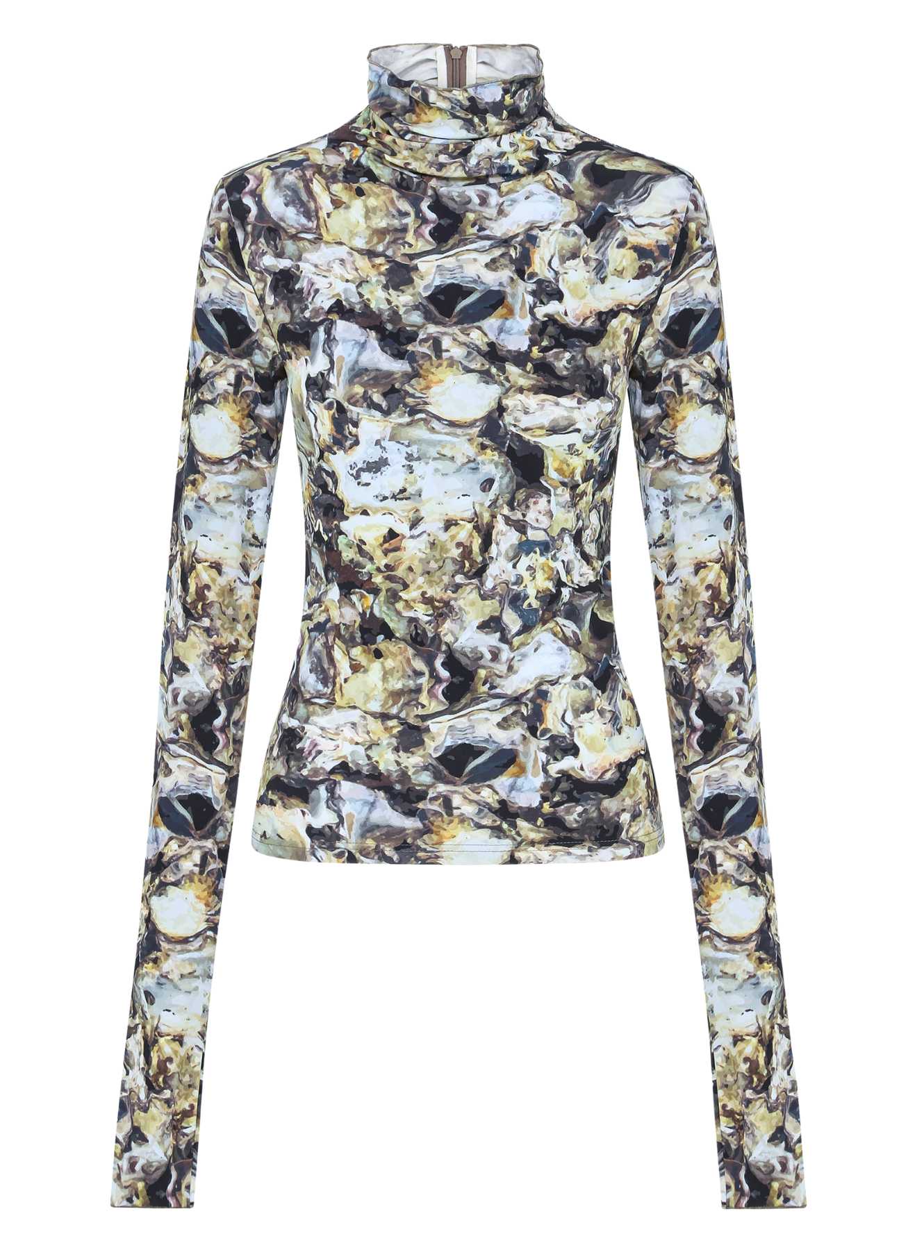 ANNA QUAN's Long Sleeve Printed Jersey Funnel Neck Top. A high neck, slouchy turtleneck featuring an invisible back zip and in a neutral oyster print design. Everyday tops, print tops, print long sleeve top, day-to-night tops.
