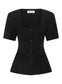 Tailored Short Sleeve Button-Up Workwear Top with square neckline and button front. Work tops, workwear tops, tailored tops. 