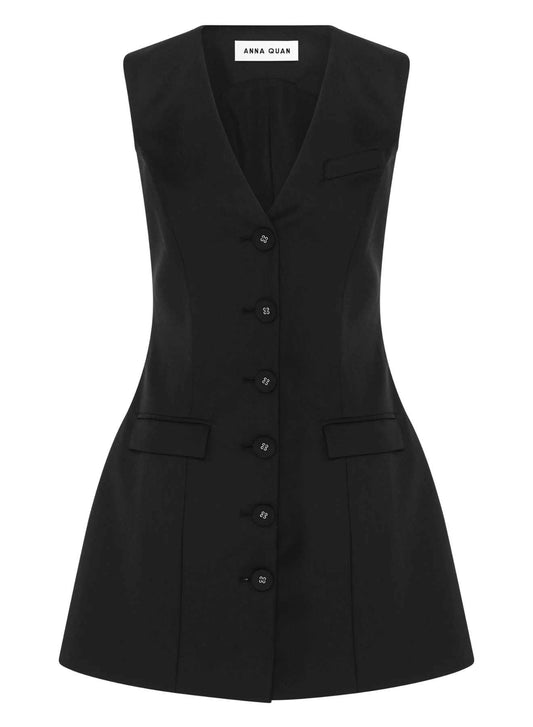Soft Tailoring with the Black Wool Tailored Sleeveless Mini Dress, featuring a stylish V neckline and a button-down front. Everyday dress, party dress, workwear dress.Soft Tailoring with the Black Wool Tailored Sleeveless Mini Dress, featuring a stylish V neckline and a button-down front. Everyday dress, party dress, workwear dress, black sleeveless dress, black dress, black tailored dress.