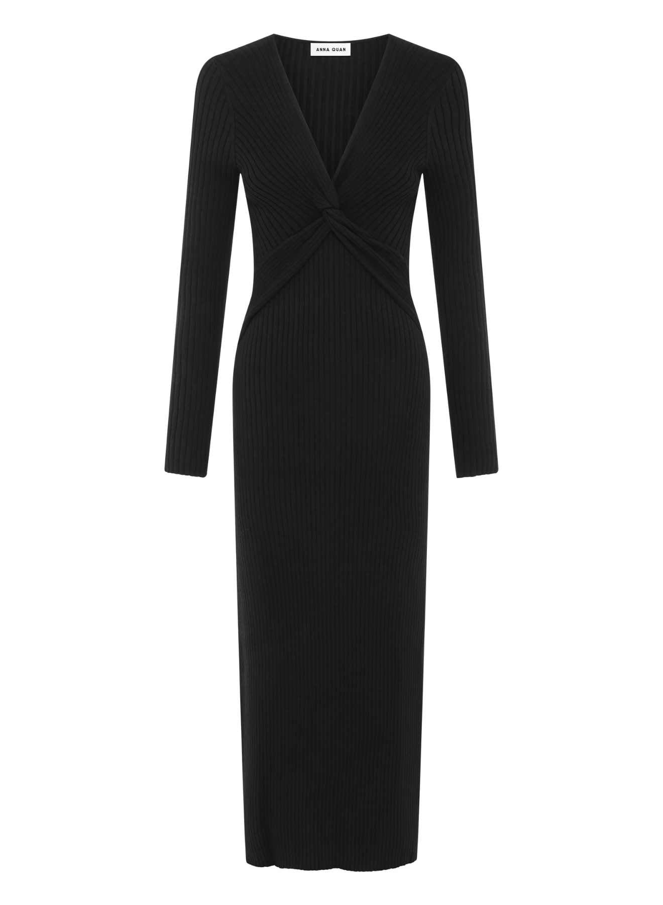 Long Sleeve ANNA QUAN Knit Maxi Dress, featuring a centre front twist, long sleeves and hem finishing just above the ankle. Elevate your everyday style with this chic and comfortable piece. Day dress, work dress, dress for work, winter dress, everyday dress, black knit dress, black long sleeve dress.