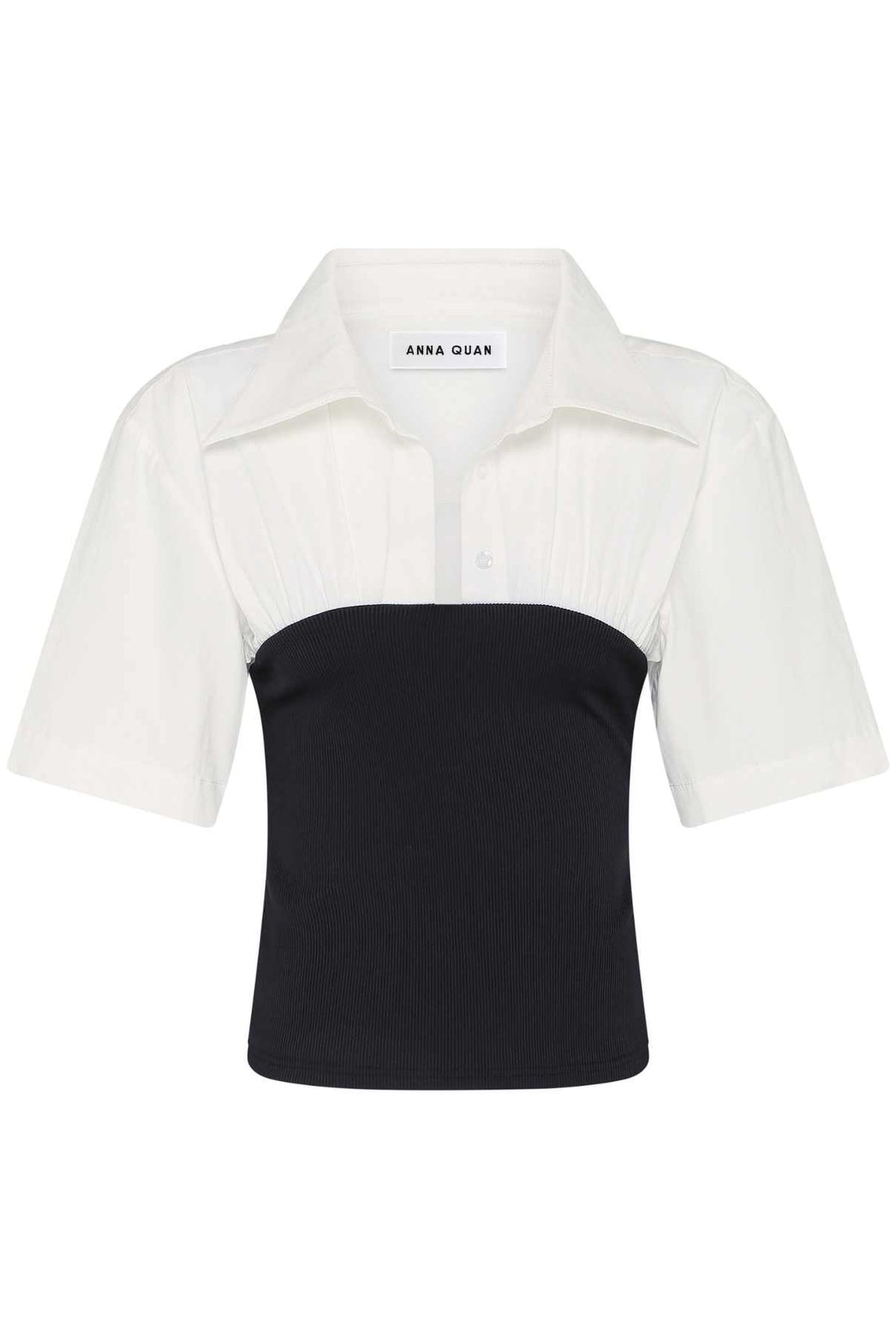 ANNA QUAN Wren Mixed Media Shirt in cotton poplin and contrast jersey ribbed knit. Shirt-style neckline, short sleeves, side zipper closure. Ideal for a classic and versatile everyday or work look.
