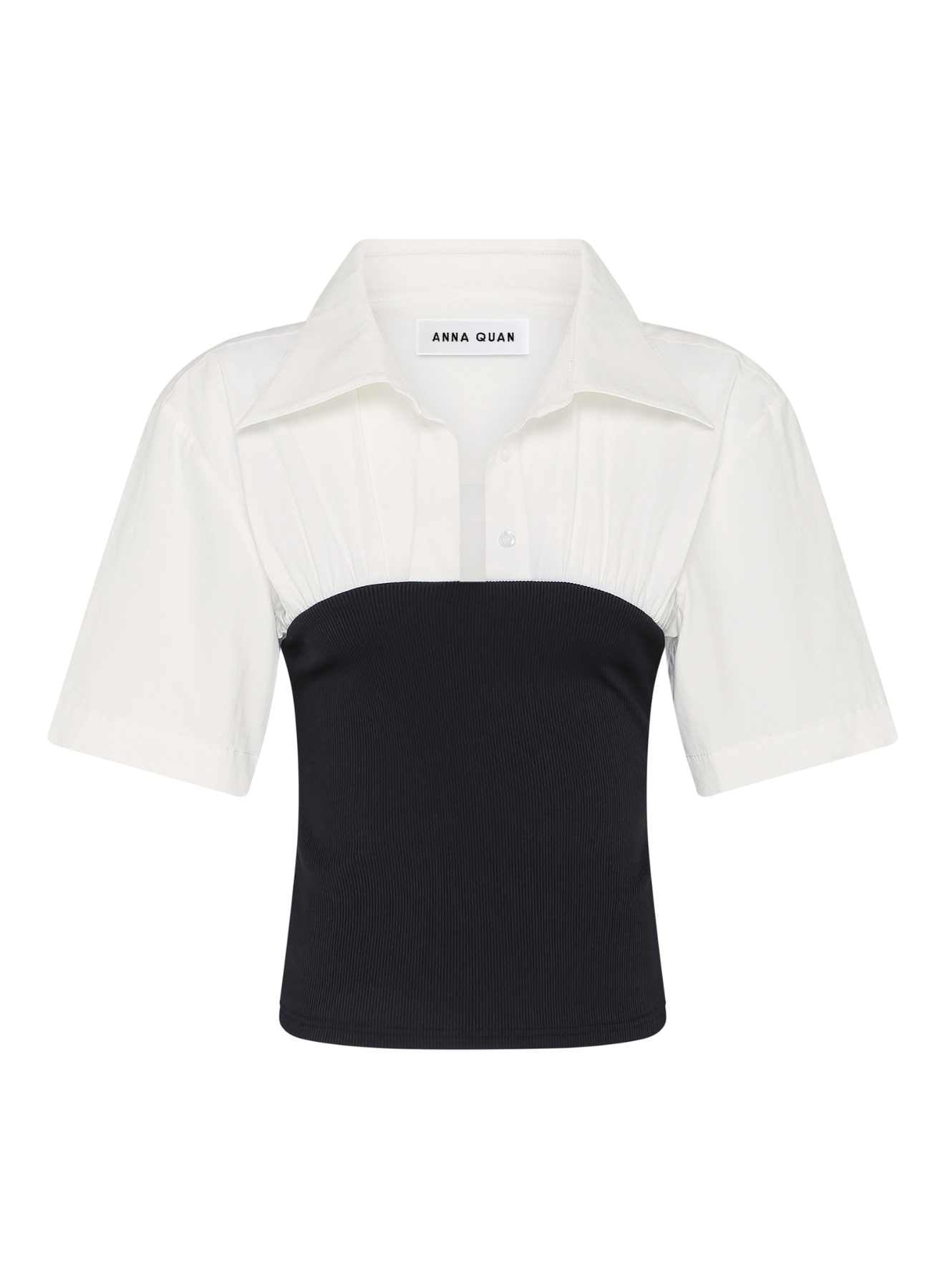 ANNA QUAN Wren Mixed Media Shirt in cotton poplin and contrast jersey ribbed knit. Shirt-style neckline, short sleeves, side zipper closure. Ideal for a classic and versatile everyday or work look.