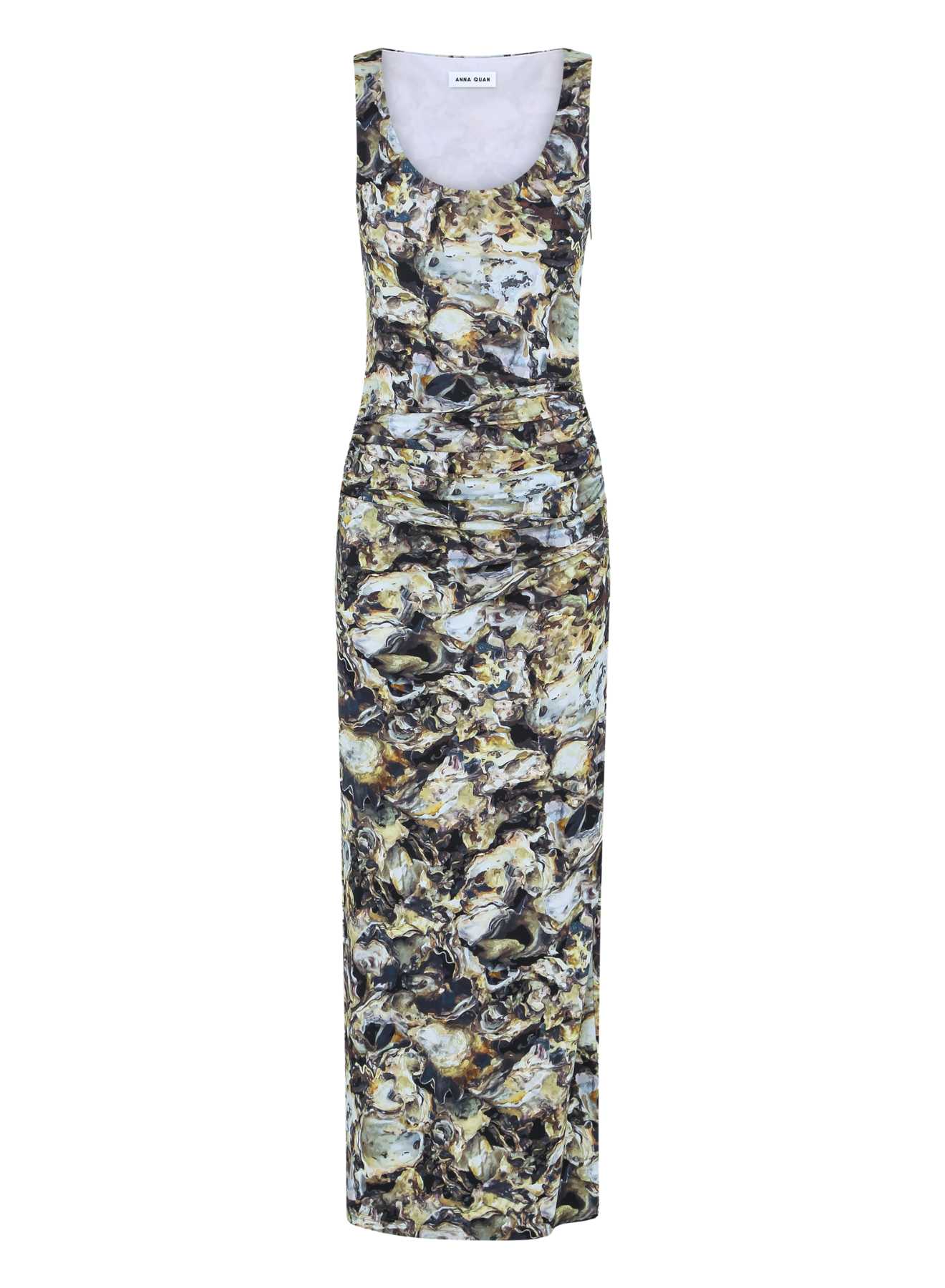 ANNA QUAN Shelley Dress in oyster viscose jersey print. Midi column silhouette, soft ruching at waist, center back zip closure, and split. Ideal for a versatile day-to-night look.
