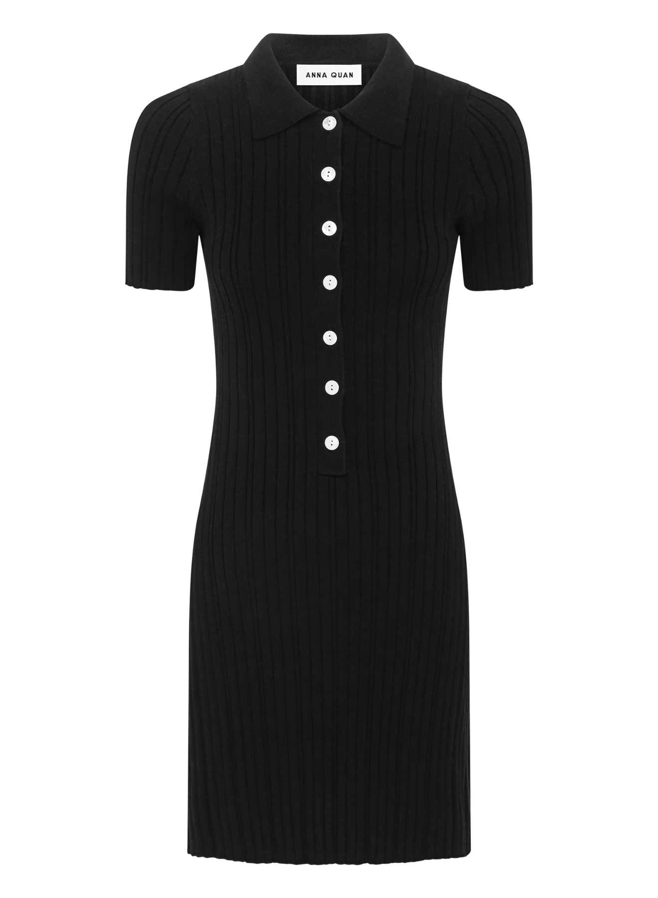 ANNA QUAN's Rib Knit Cotton Mini Dress features a chic polo neckline and contrasting buttons. Embrace versatility and comfort effortlessly with this best-selling piece, perfect for seamless transitions throughout the seasons. Day knit dress, day dress, everyday dress, work dress, short sleeve dress, short knit dress.