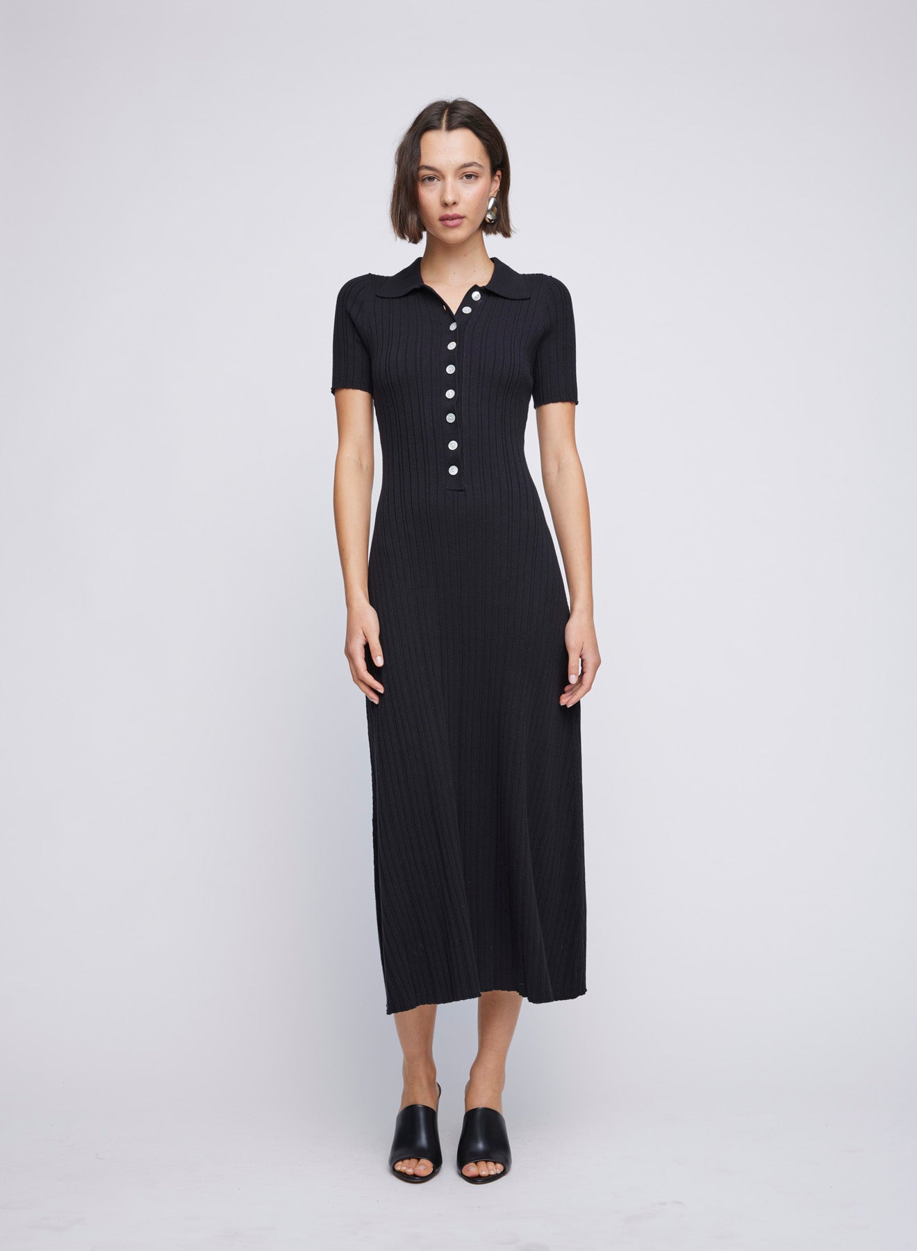 Rib knit cotton maxi dress with polo neckline and contrast buttons