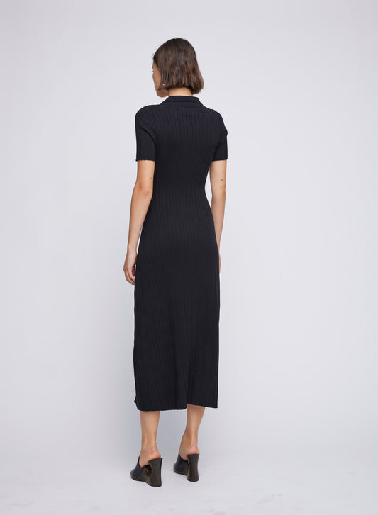 Rib knit cotton maxi dress with polo neckline and contrast buttons