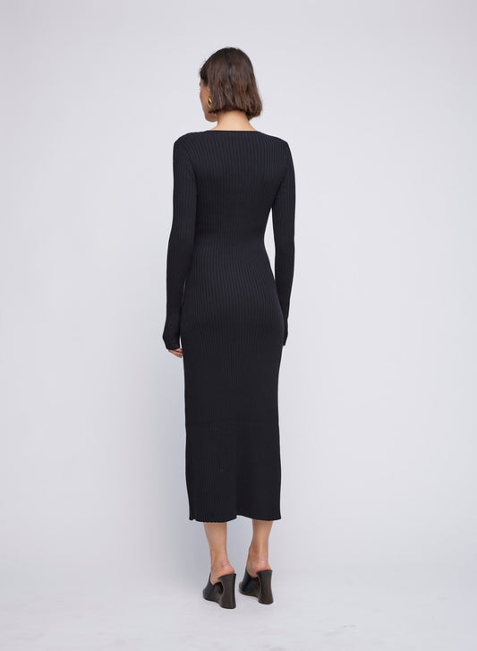 Long Sleeve ANNA QUAN Knit Maxi Dress, featuring a centre front twist, long sleeves and hem finishing just above the ankle. Elevate your everyday style with this chic and comfortable piece. Day dress, work dress, dress for work, winter dress, everyday dress, black knit dress, black long sleeve dress.
