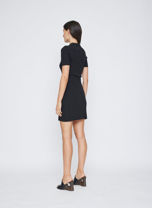 ANNA QUAN's Rib Knit Cotton Mini Dress features a chic polo neckline and contrasting buttons. Embrace versatility and comfort effortlessly with this best-selling piece, perfect for seamless transitions throughout the seasons. Day knit dress, day dress, everyday dress, work dress, short sleeve dress, short knit dress.
