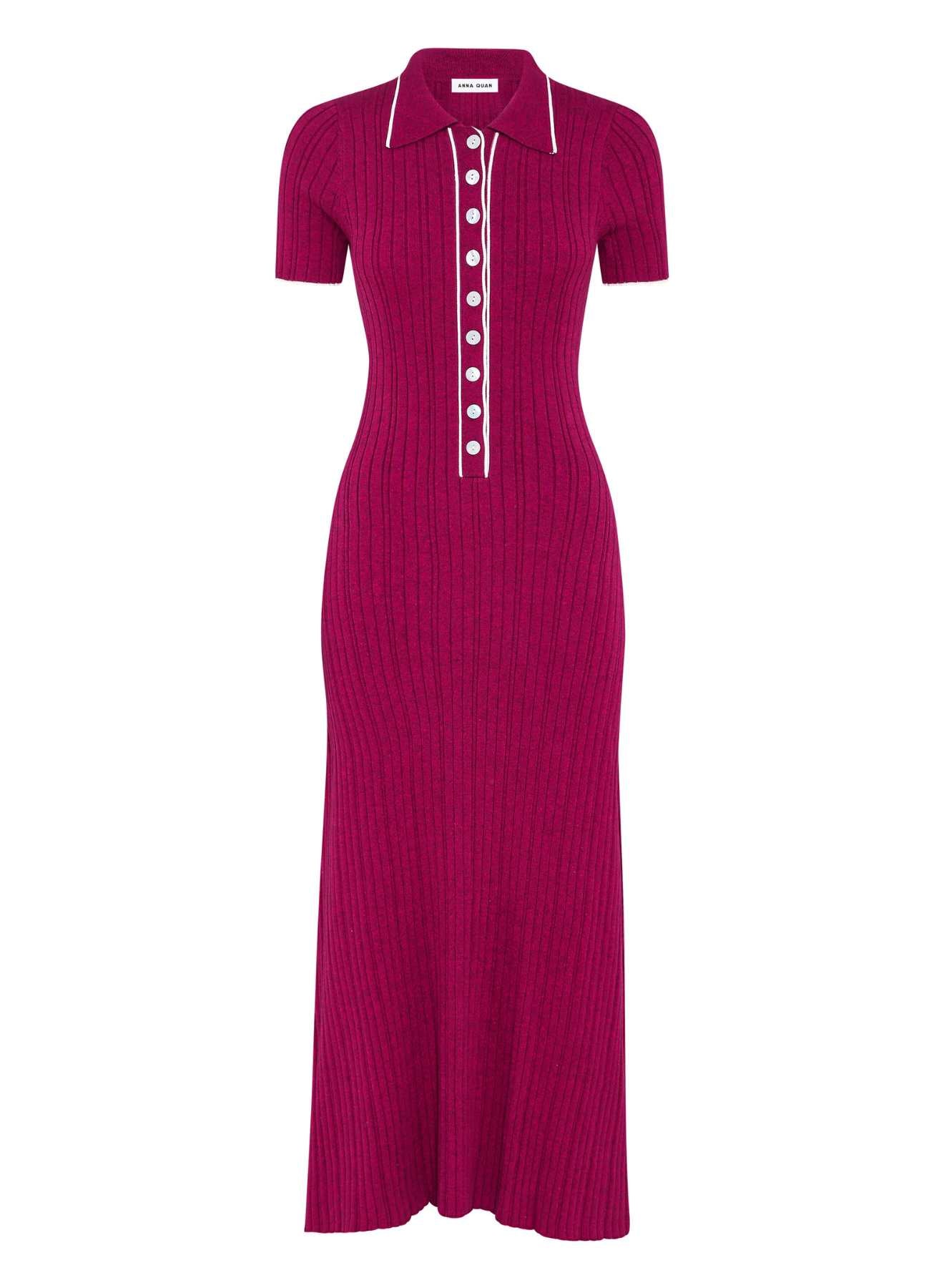 ANNA QUAN's best-selling Rib Knit Cotton Maxi Dress, showcasing a stylish polo neckline, contrasting buttons, short sleeves, a-line skirt and hem skimming the ankle. Everyday dress, day dress, work dress, casual dress, lunch dress.