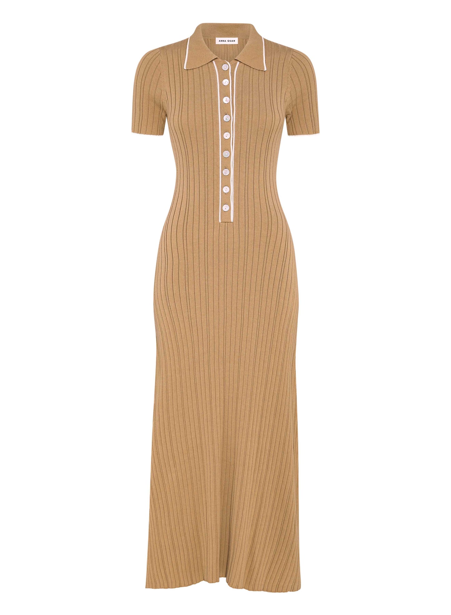 ANNA QUAN's best-selling Rib Knit Cotton Maxi Dress, showcasing a stylish polo neckline, contrasting buttons, short sleeves, a-line skirt and hem skimming the ankle. Everyday dress, day dress, work dress, casual dress, lunch dress.