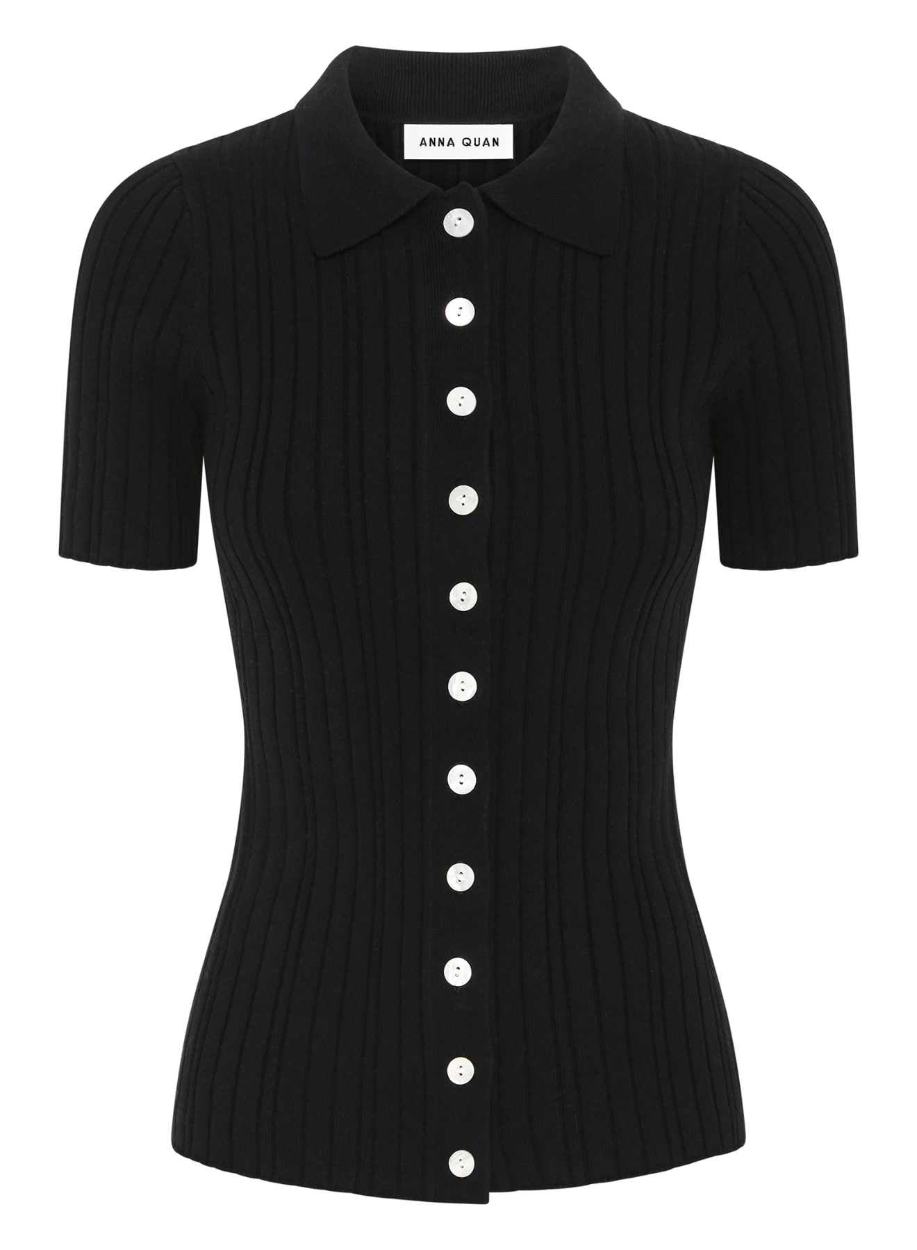 Rib knit short sleeve polo top top with contrast button up. Black knit top, black short sleeve knit top, casual everyday top, casual top, casual knit top.