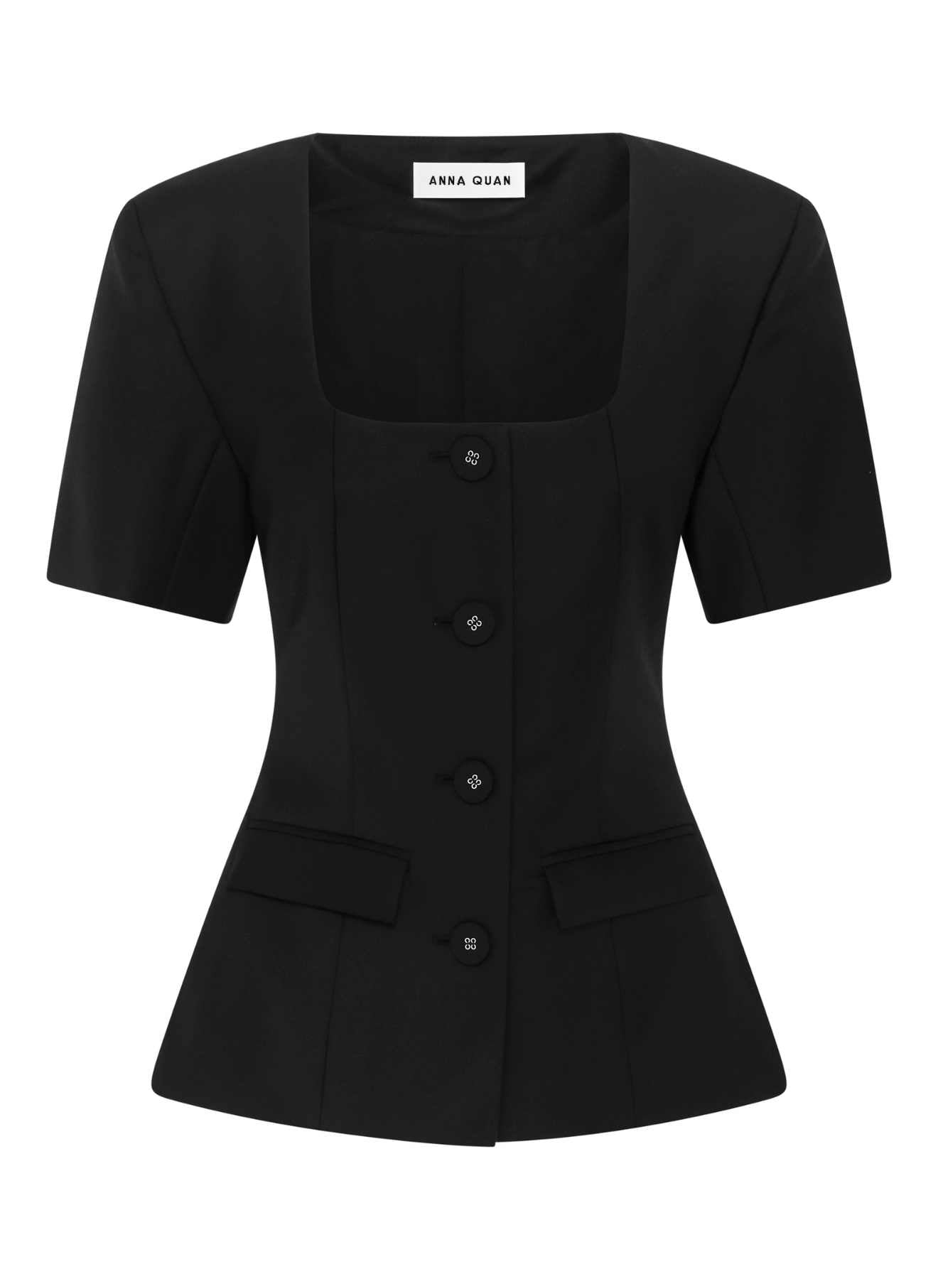 Tailored Short Sleeve Button-Up Workwear Top with square neckline and button front. Work tops, workwear tops, tailored tops.