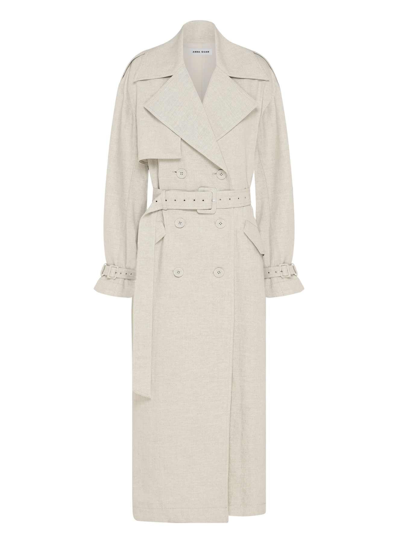 ANNA QUAN Wesley Trench Coat in sleek cloud material. Double-breasted, front zip closure, adjustable cuffs, detachable belt. Ideal for a classic and versatile outerwear look.