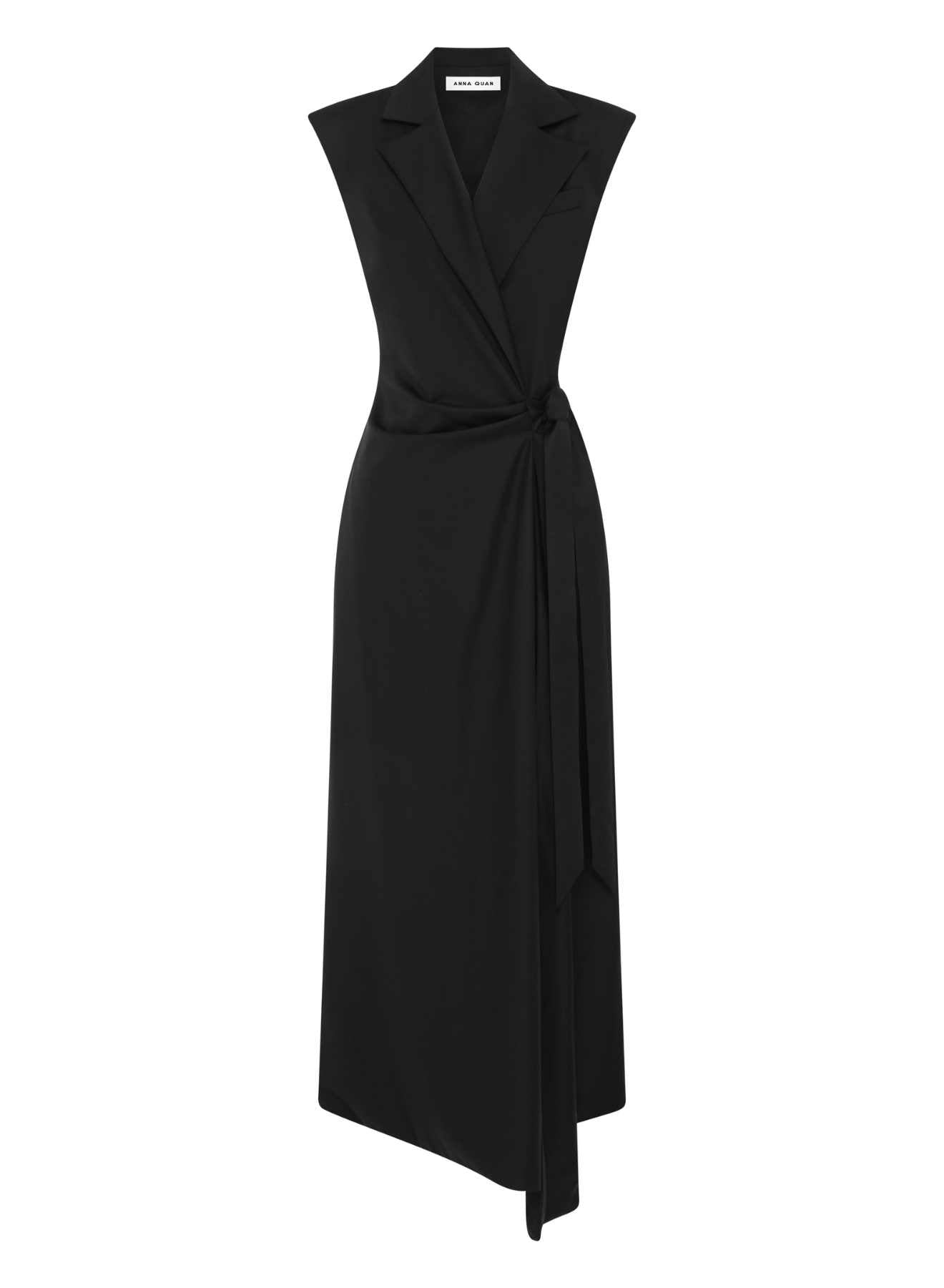 ANNA QUAN Victoria Dress in wrap tailored style. Waist-cinching tie, shoulder pads, v neckline. Ideal for an elegant office-to-dinner ensemble.