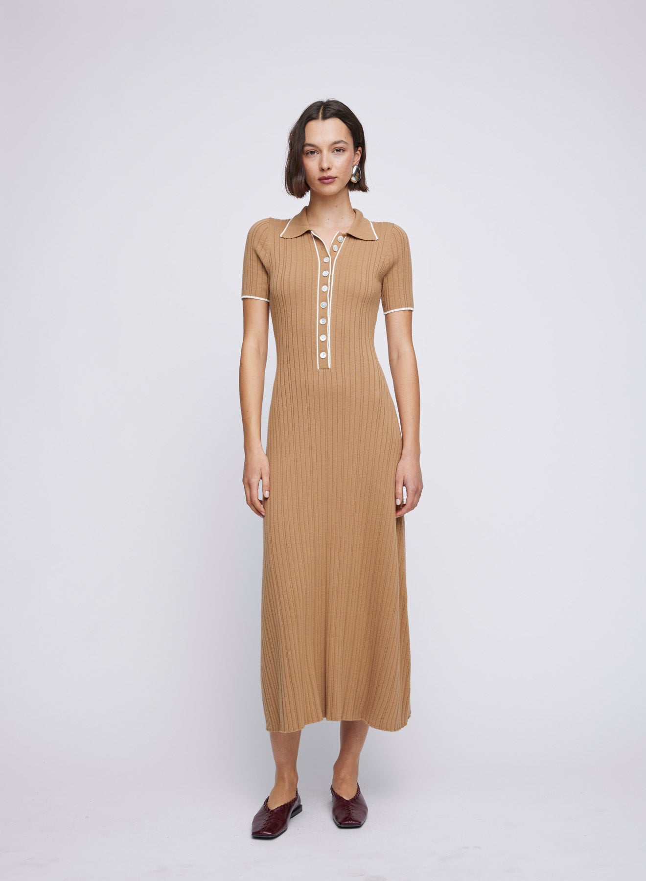 ANNA QUAN's best-selling Rib Knit Cotton Maxi Dress, showcasing a stylish polo neckline, contrasting buttons, short sleeves, a-line skirt and hem skimming the ankle. Everyday dress, day dress, work dress, casual dress, lunch dress.