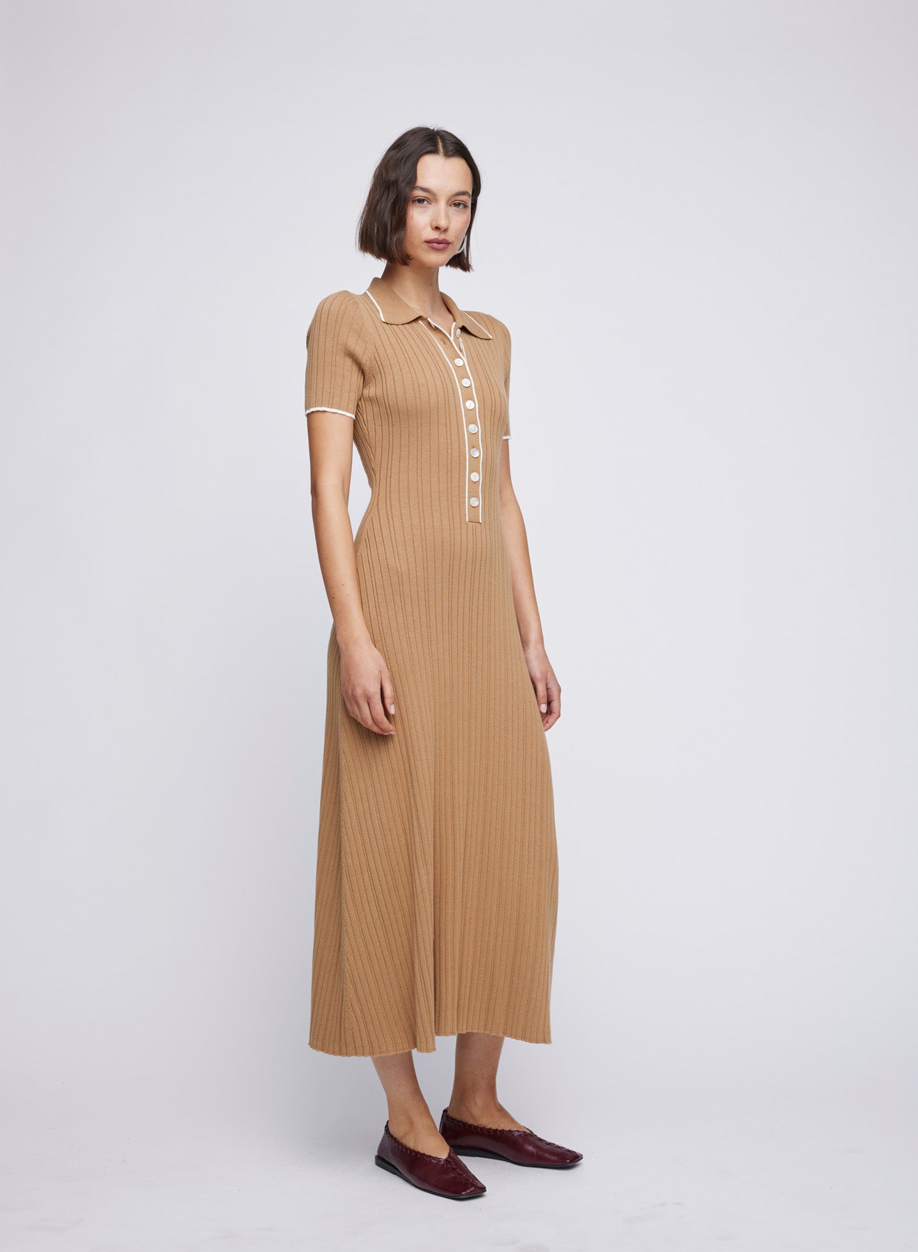 ANNA QUAN's best-selling Rib Knit Cotton Maxi Dress, showcasing a stylish polo neckline, contrasting buttons, short sleeves, a-line skirt and hem skimming the ankle. Everyday dress, day dress, work dress, casual dress, lunch dress.