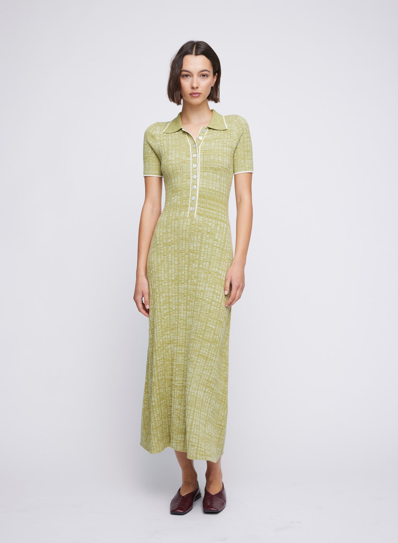 ANNA QUAN's best-selling Rib Knit Cotton Maxi Dress, showcasing a stylish polo neckline, contrasting buttons, short sleeves, a-line skirt and hem skimming the ankle. Everyday dress, day dress, work dress, casual dress, lunch dress.