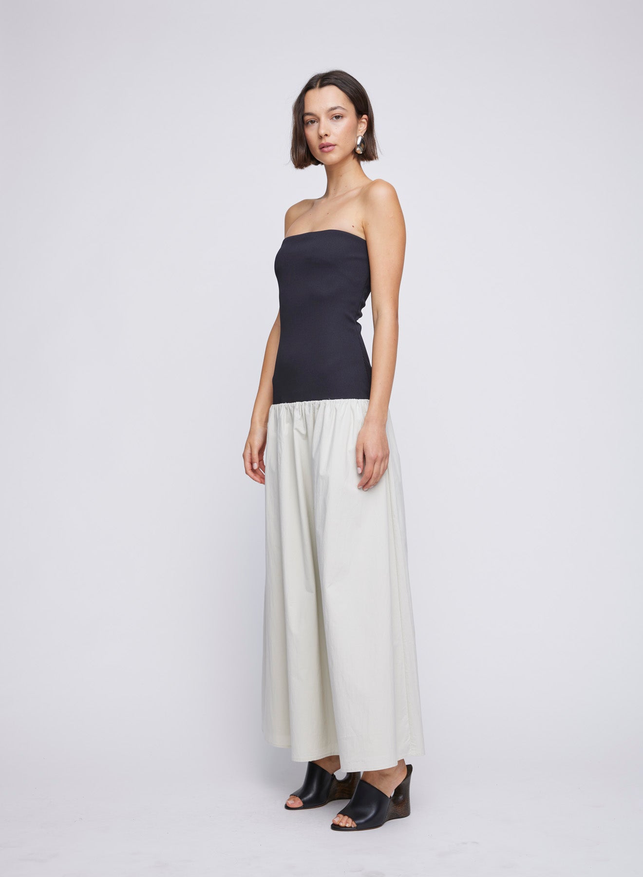 Mix-media cotton poplin and jersey rib strapless maxi dress with drop waist. Day dresses, day dress, going out dress, ANNA QUAN dresses, mixed media dresses, mixed media dress.