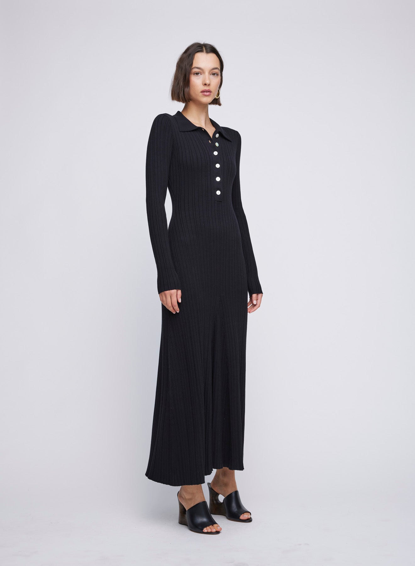 Long sleeve cotton rib collared maxi dress with contrast buttons. Black knit dress, black dress, black long sleeve dress, little black dress, black knit dress, chic black dress, chic black knit dress.