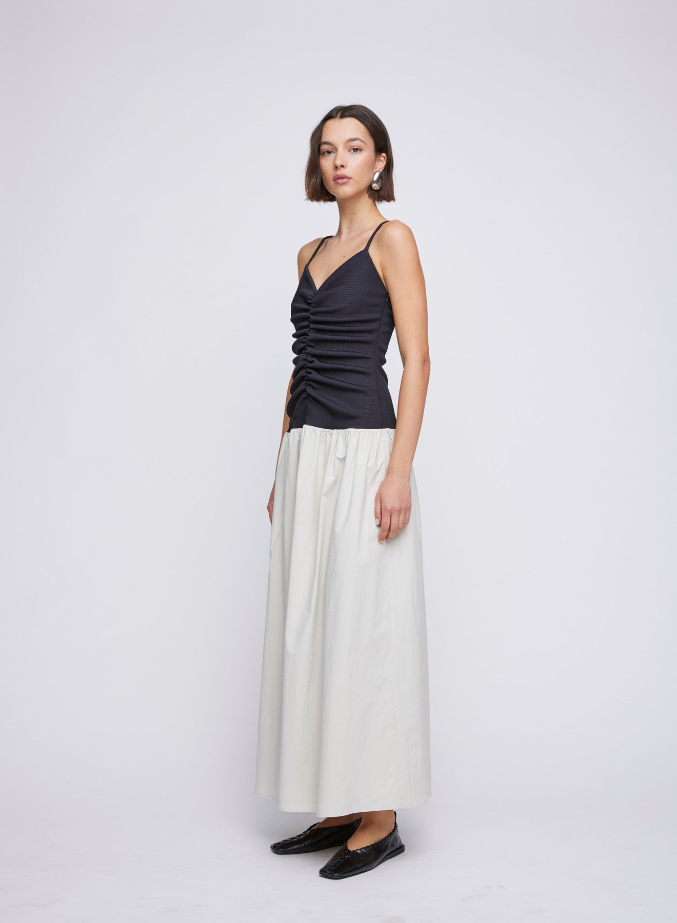 ANNA QUAN's Mix-Media Cotton Poplin and Jersey Rib Maxi Dress, featuring a stylish drop waist in cotton fabrication as well as ruched bodice in a ribbed stretch fabric. Day dress, party dress, day-to-night dress, event dress, Summer dress, Spring dress.