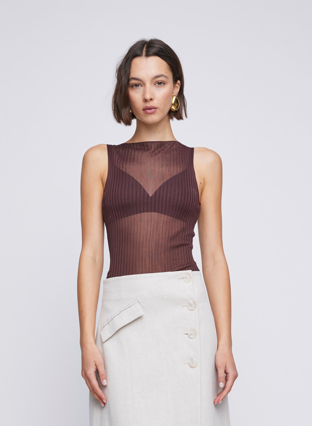 Sleeveless sheer High Neck Knitted Top with cowl neckline. Everyday layering top, sheer top.