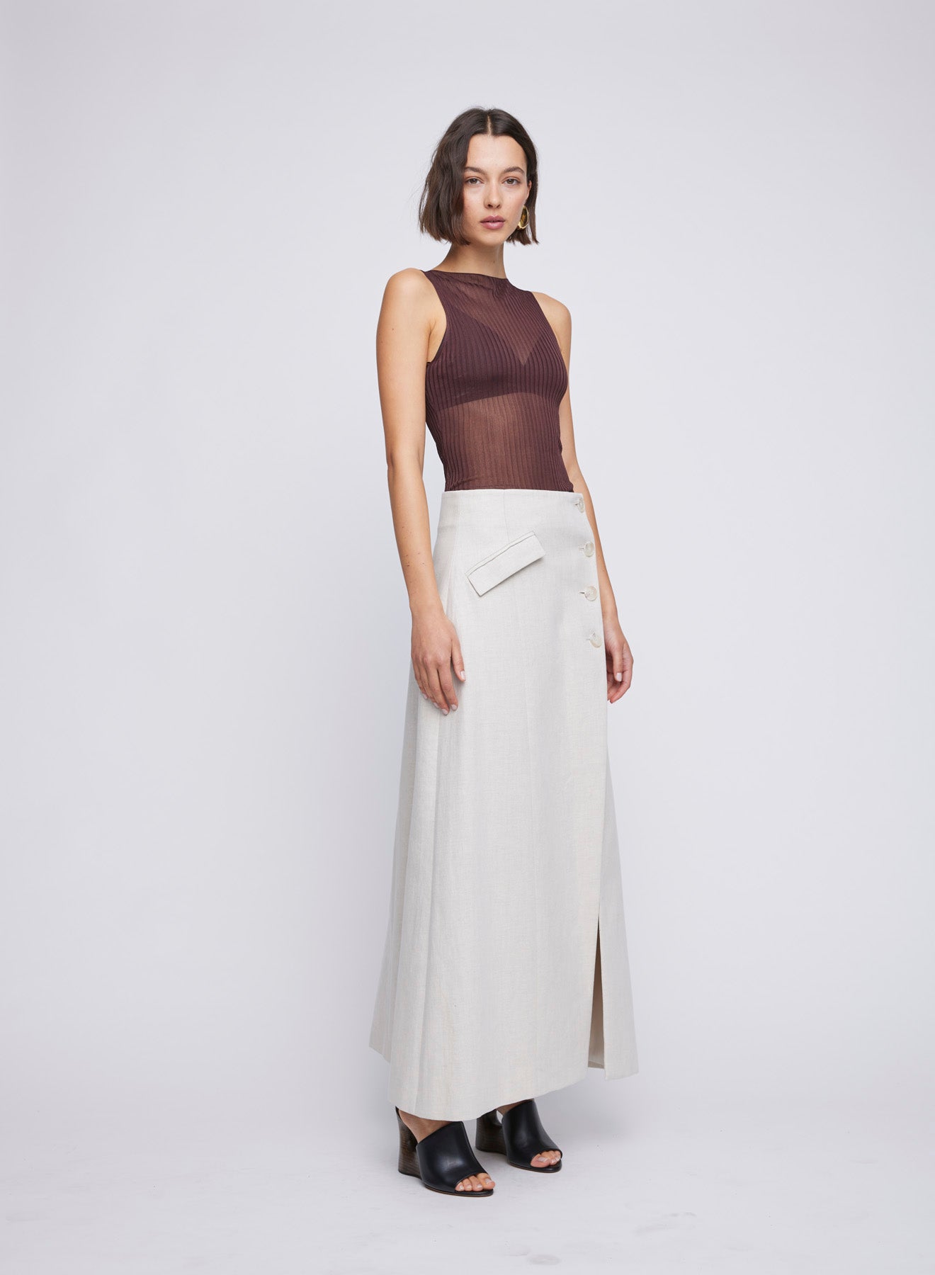 Sleeveless sheer High Neck Knitted Top with cowl neckline. Everyday layering top, sheer top.